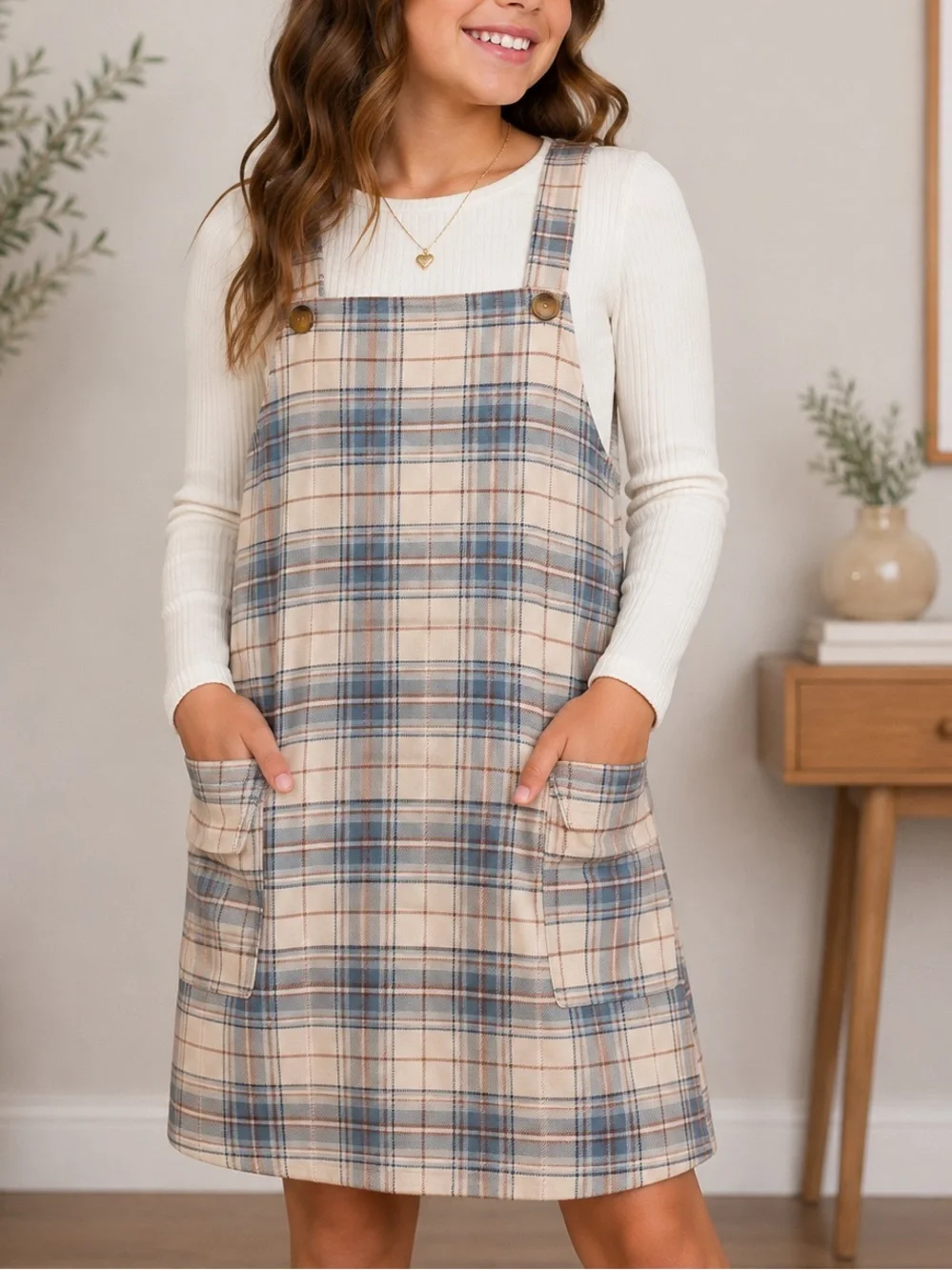 Beauties by Amy Byer Beige and Blue Plaid Pinafore Mini Dress